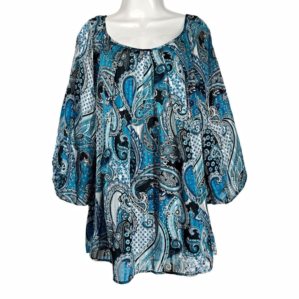 Sara Michelle Womens 3X Top Paisley Blue Teal Split Sleeve Metallic Lurex Tunic